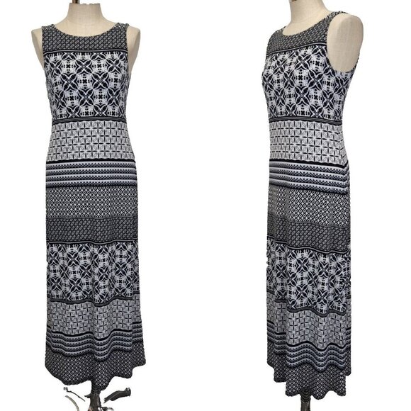 Tommy Bahama Maxi Dress M Black White Floral Geometric Stripe Sleeveless Stretch - Picture 1 of 9